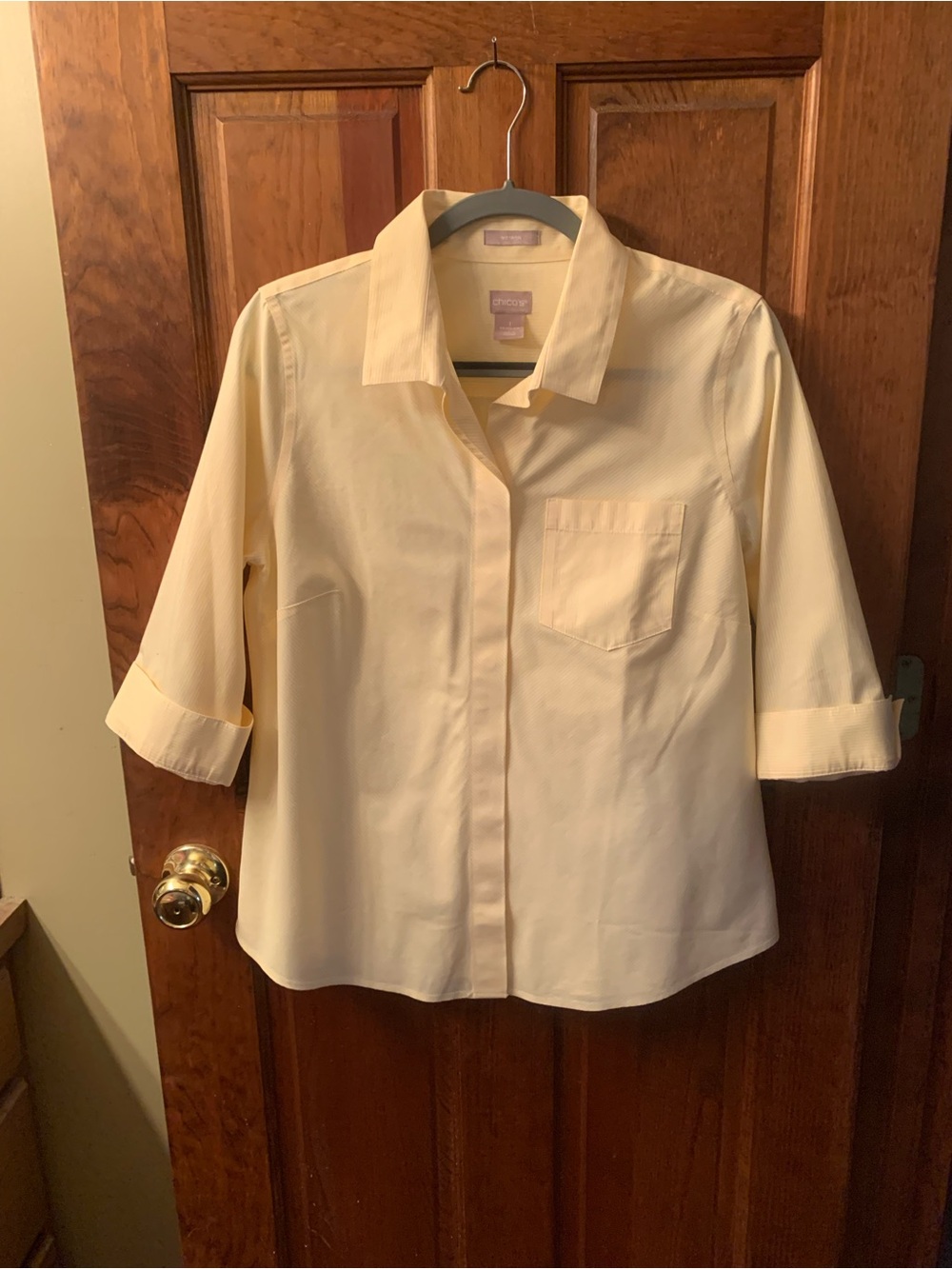 Chico's, NEW NEVER WORN, LEMON YELLOW and WHITE, no-iron stripe button up blouse